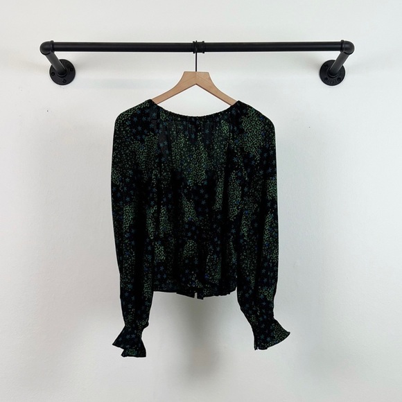 NWT Topshop Mixed Print Tie Front Flyaway Top Black/Green/Blue - Picture 7 of 8